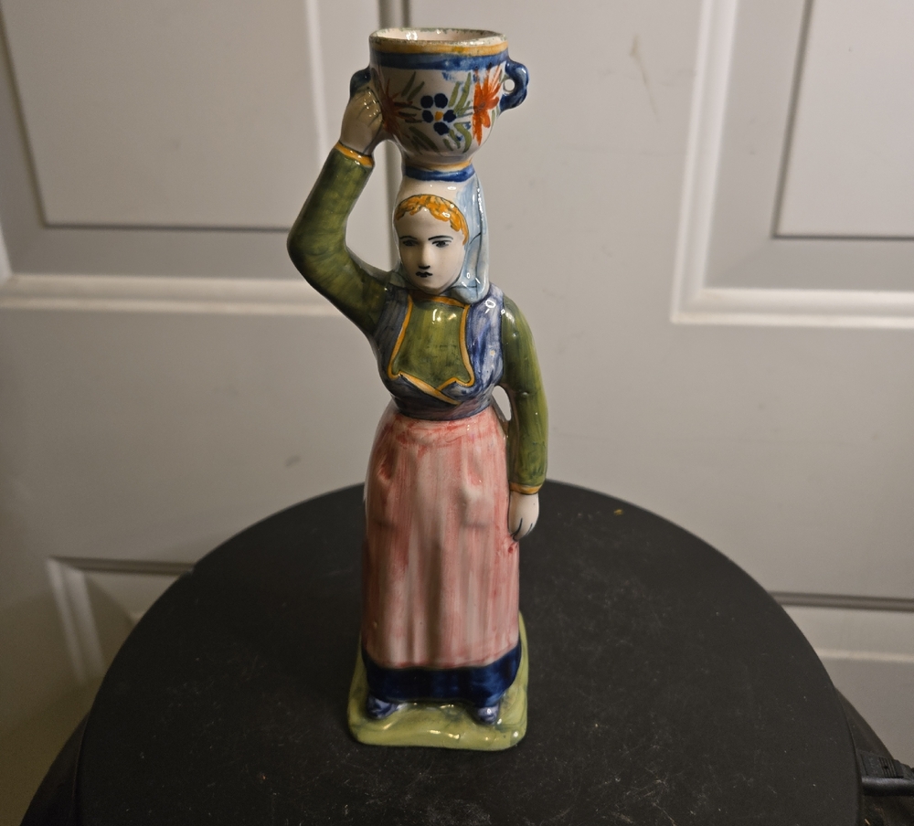 Vintage Henriot Quimper Ceramic Candlestick France Pottery French Woman